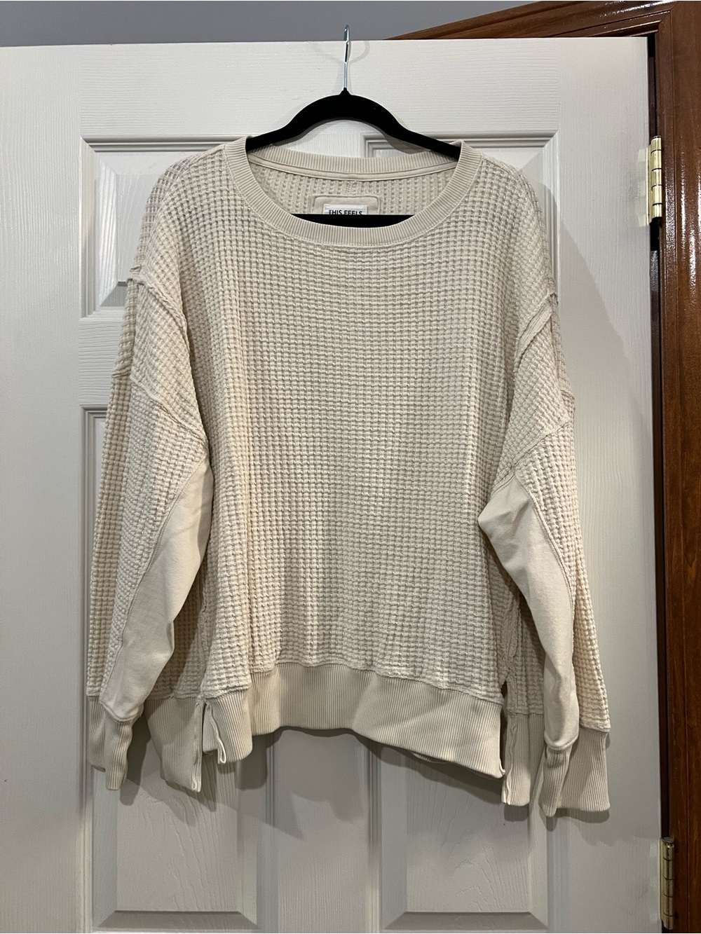 American Eagle Outfitters Cream Waffle-Knit Crewneck Sweater